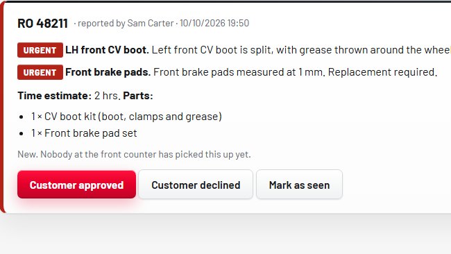 Extra work reported by a technician, priced by parts and answered by the customer