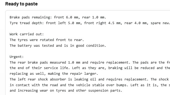 Technician notes turned into wording for the repair order